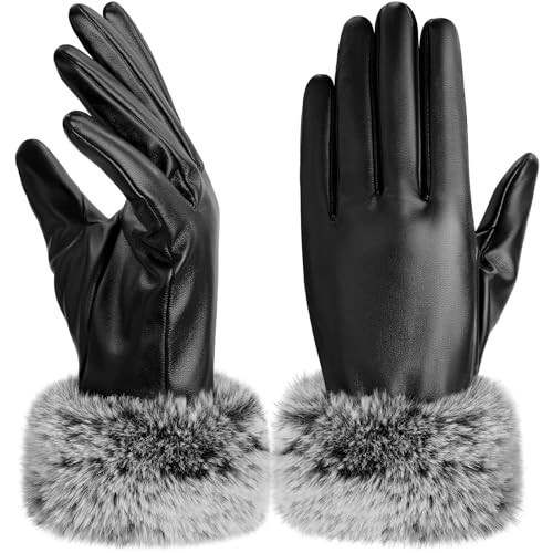 Leather Gloves for Women - Womens Winter Leather Gloves, Touchscreen Winter Glove Women, Warm Fleece Lined Glove with Plush Cuff, Thermal Womens Glove for Cold Weather, Black B, S/M | Amazon (US)