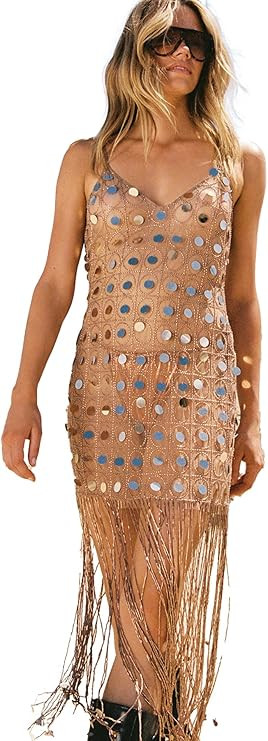 Nasty Gal Hand Embellished Disc Beaded Tassel Beach Dress | Amazon (US)