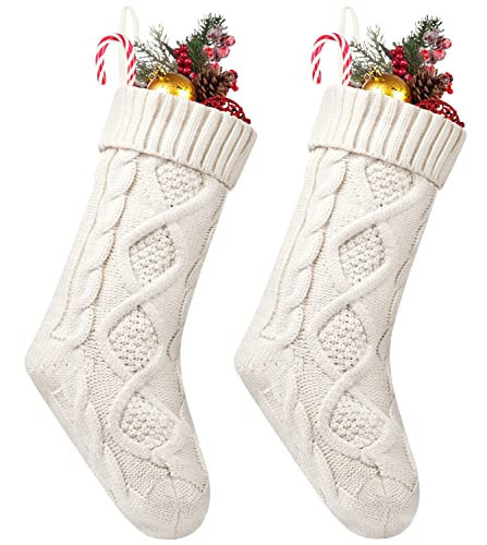 Fesciory Christmas Stockings, 2 Pack 18 Inches Cable Knitted Large Size Stocking Gifts & Decorations for Family Holiday Xmas Party, Ivory | Amazon (US)