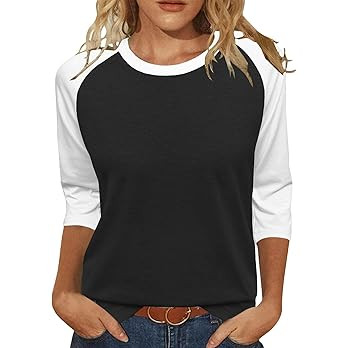 Heymiss Womens Tops 3/4 Sleeve Shirts Round Neck Loose Casual Tshirts Color Block Summer Tees | Amazon (US)