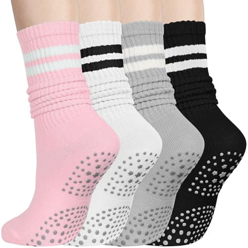 Pilates Socks with Grips for Women, Crew Slouch Slouchy Yoga for Barre Workout Hospital Long Scrunch Slipper Socks | Amazon (US)