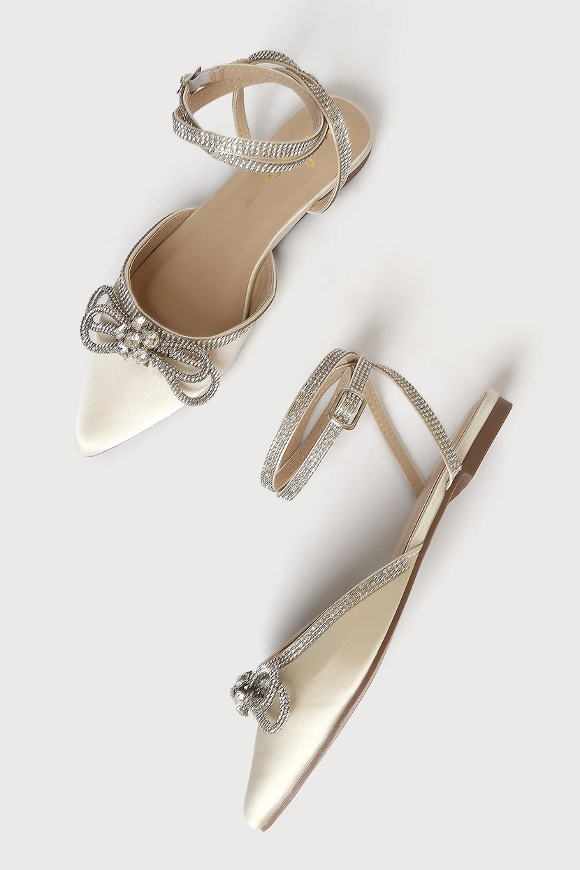 Lullie Ivory Satin Rhinestone Ankle Strap Pointed-Toe Flats | Lulus (US)