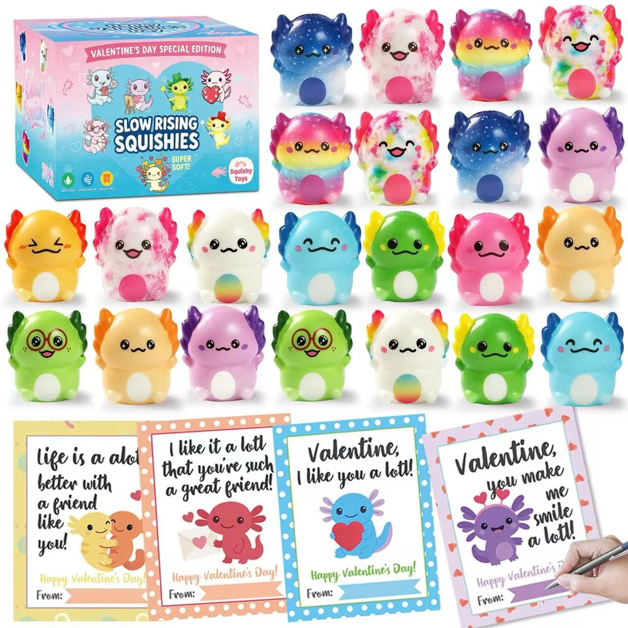 Valentines Day Gifts for Kids,Valentines Day Cards with 24pcs Axolotl Slow Squishy Toy,Stress Rel... | Amazon (US)
