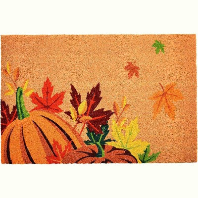 HomeRoots 17" X 29" Natural Orange and Green Coir Pumpkins and Leaves Outdoor Fall Door Mat | Target