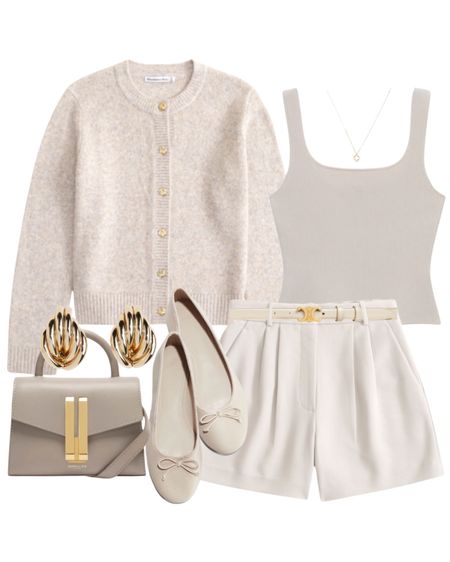 Cardigan, ribbed vest top, tailored shorts, celine belt, ballet flat shoes, Demellier bag & gold earrings.
Beige outfit, neutral outfit, summer outfit, work wear, smart casual, casual chic.

#LTKworkwear #LTKstyletip #LTKsummer