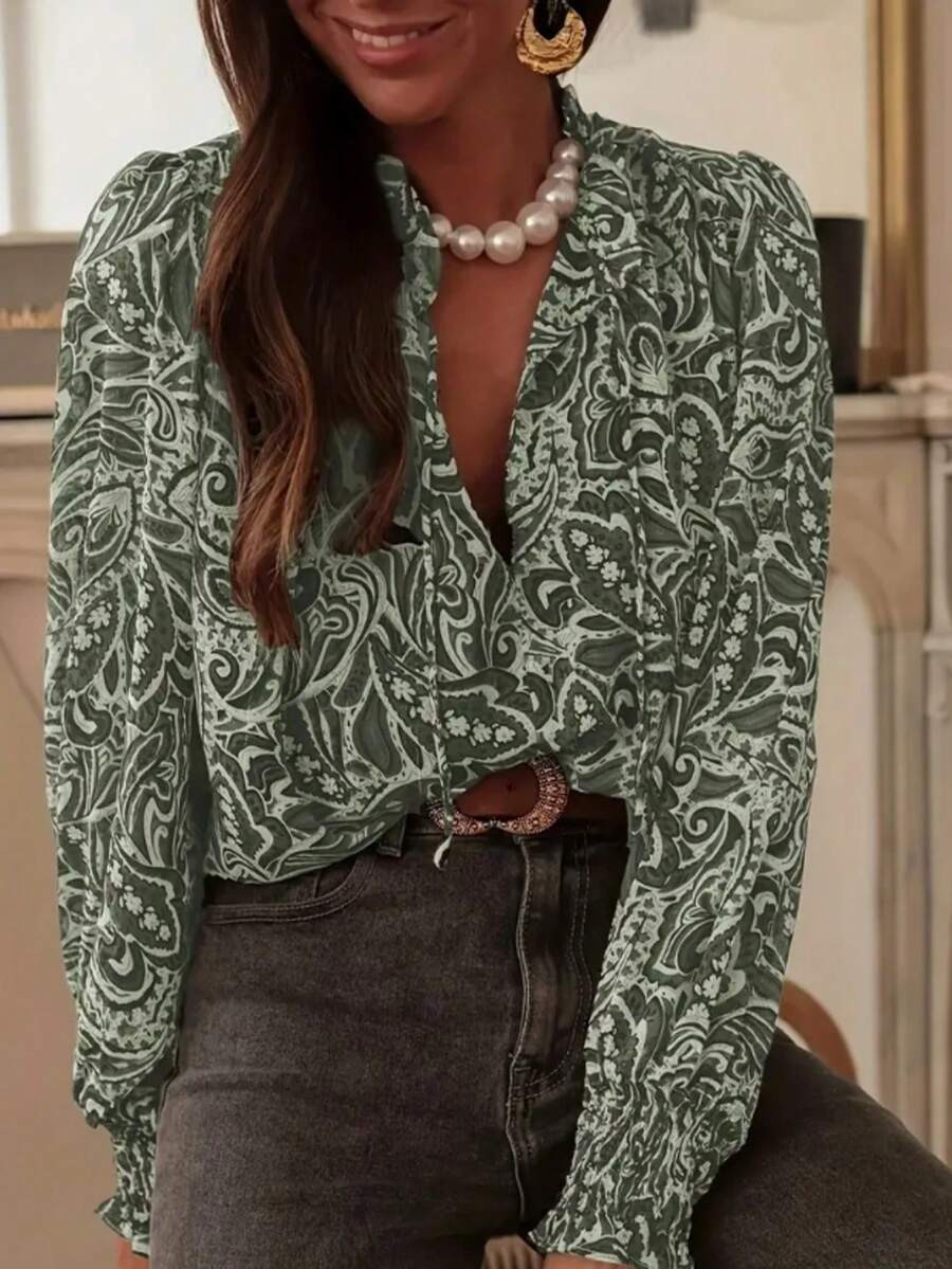 Solstice Apparel Bohemian Style Vintage Print Ruffle Collar Loose Lantern Sleeve Chiffon Blouse, ... | SHEIN