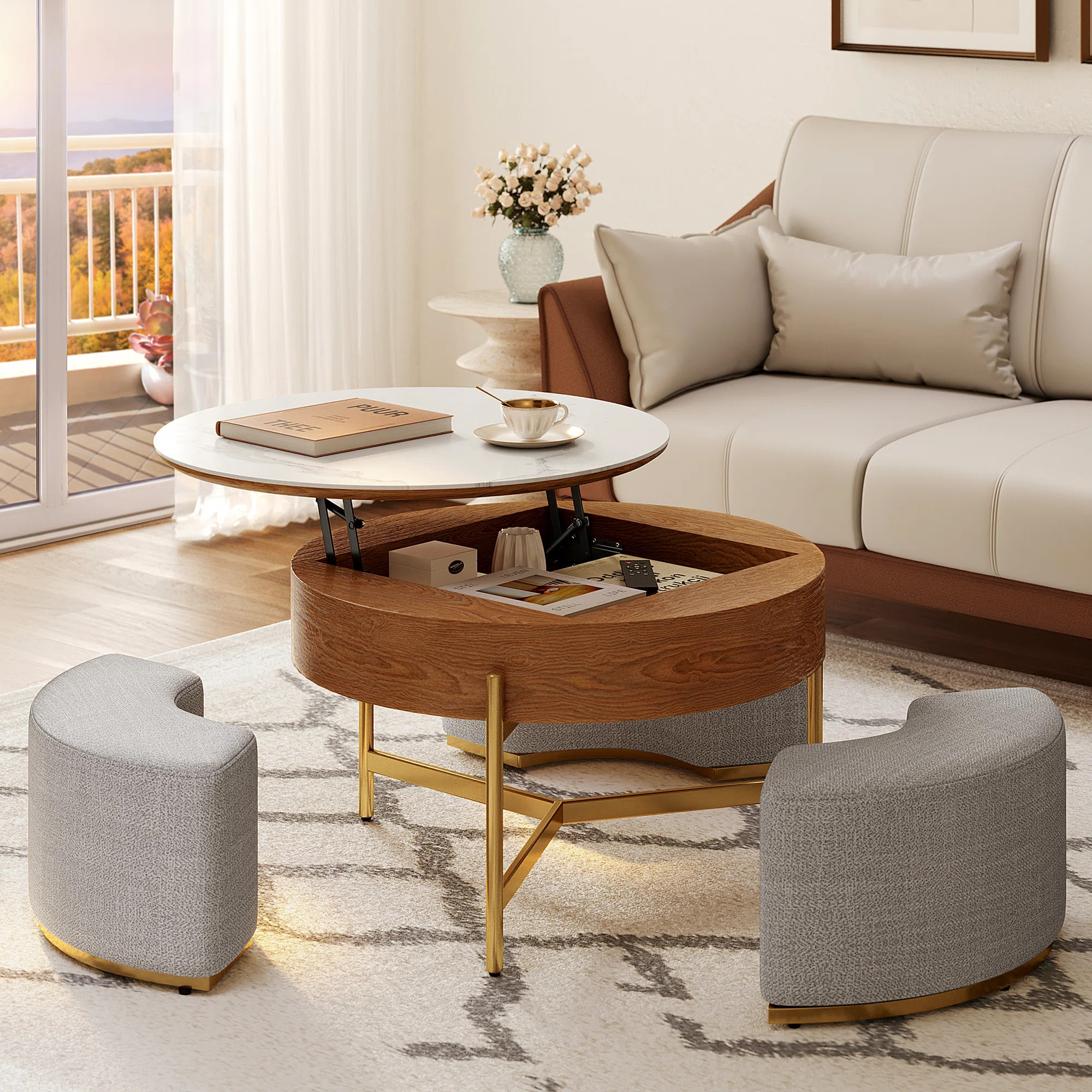 Bulverde Lift Top Extendable Frame Coffee Table with Storage 3 Stools, Stainless Steel Legs | Wayfair North America