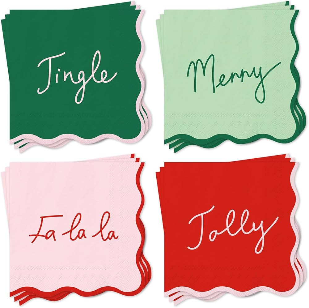 100Pcs Christmas Cocktail Napkins Red Pink Green Xmas Disposable Paper Napkin Scalloped Festive B... | Amazon (US)