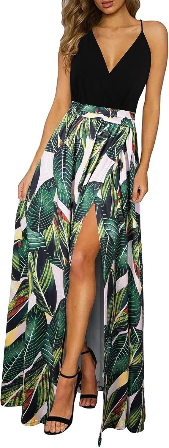 Newshows Women's 2024 Summer Maxi Dress Spaghetti Strap Spring Casual Boho V Neck Split Beach Lon... | Amazon (US)