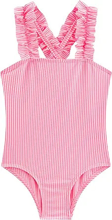 LIZENS Girls One Piece Swimwear Pink Stripe Ruffled Shoulder Straps Girls Swimsuit Size 2-12 | Amazon (US)