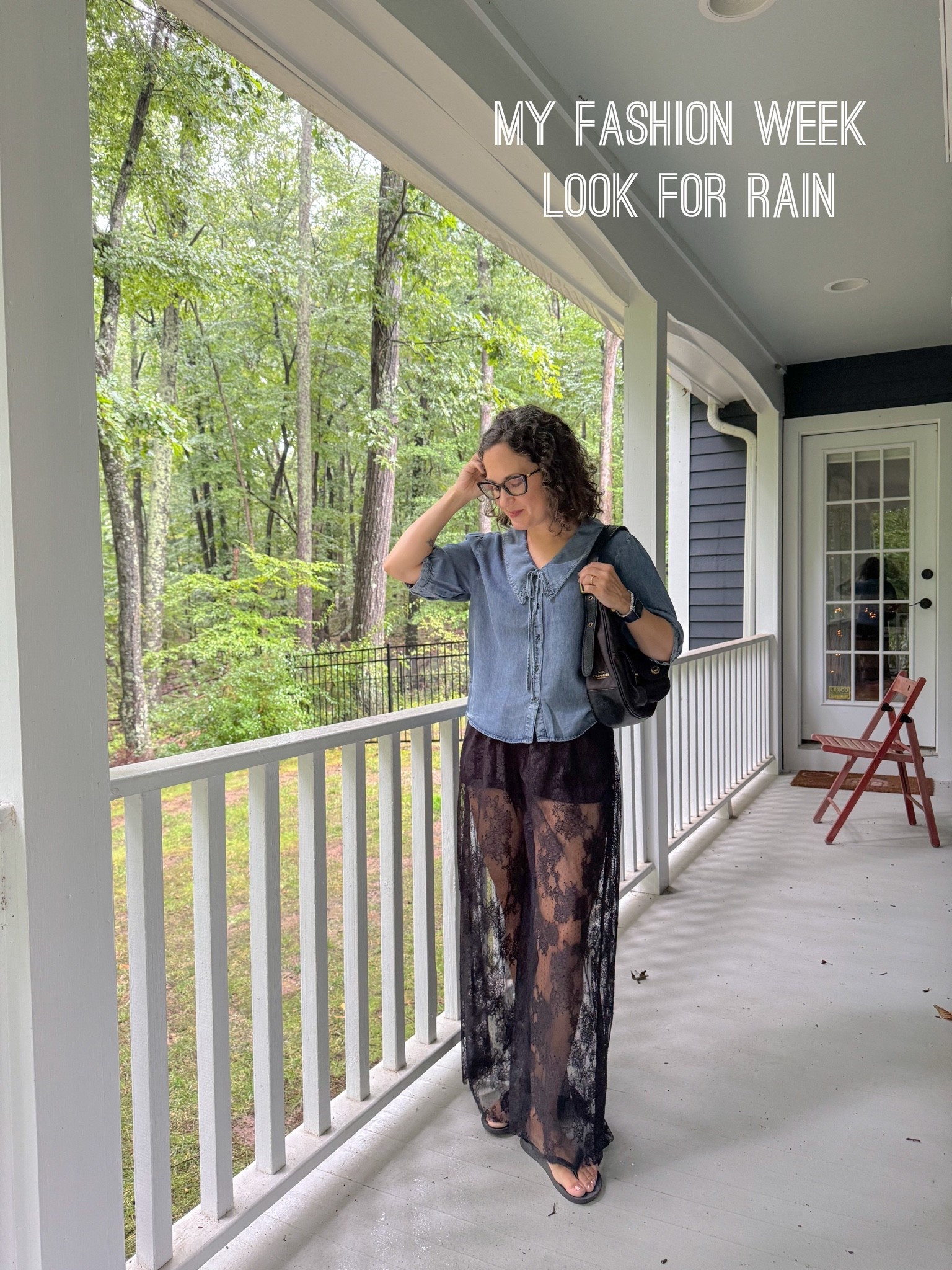 My next at home fashion week look! Rainy day today: lightweight denim blouse, Anthropologie black lace pants, Archie’s flip flops and Coach bag. 
These lace pants are surprisingly versatile! I’ve worn them to concerts, on date nights and to level up a daytime look.

#LTKNYFW #LTKdayinmylife #LTKOver40