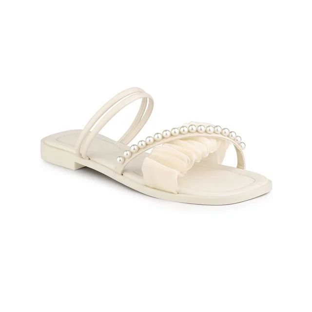 Allegra K Women's Strappy Pearl Strap Pleated Flat Slide Sandals | Walmart (US)