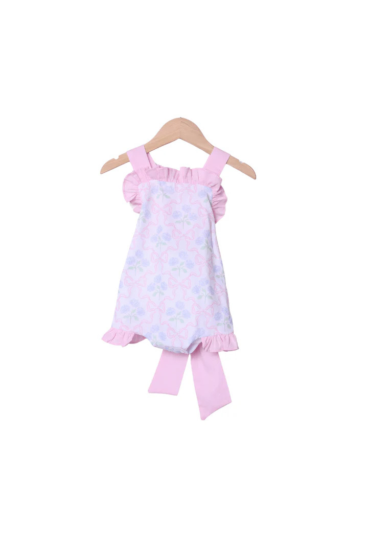 Pink Hydrangea Bow Sun Suit Bubble | The Smocked Flamingo