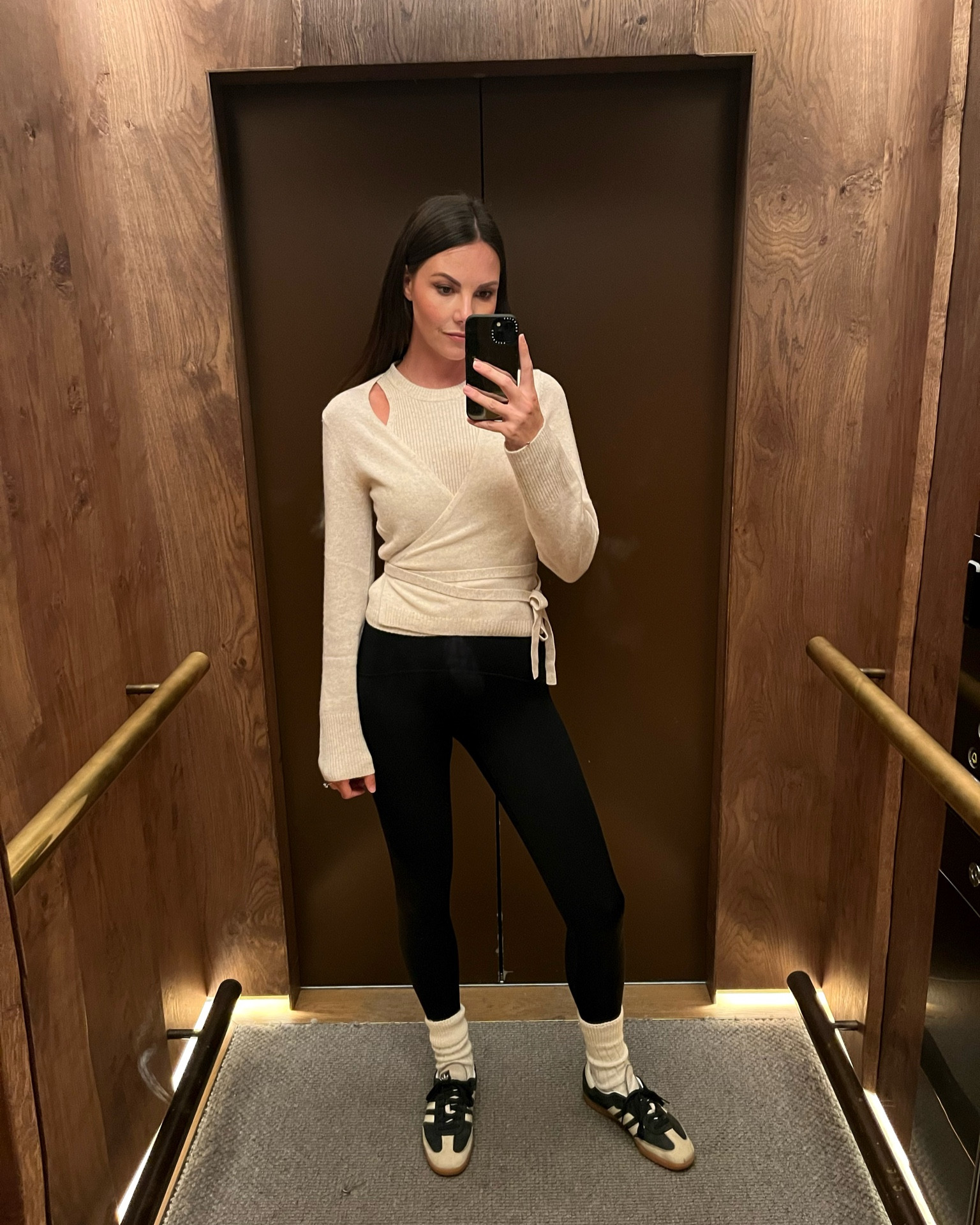 Me & Em cashmere wrap cardigan with ribbed vest
Spanx black leggings
Cream cashmere socks
Adidas Samba OG

#LTKSeasonal #LTKfitness #LTKActive
