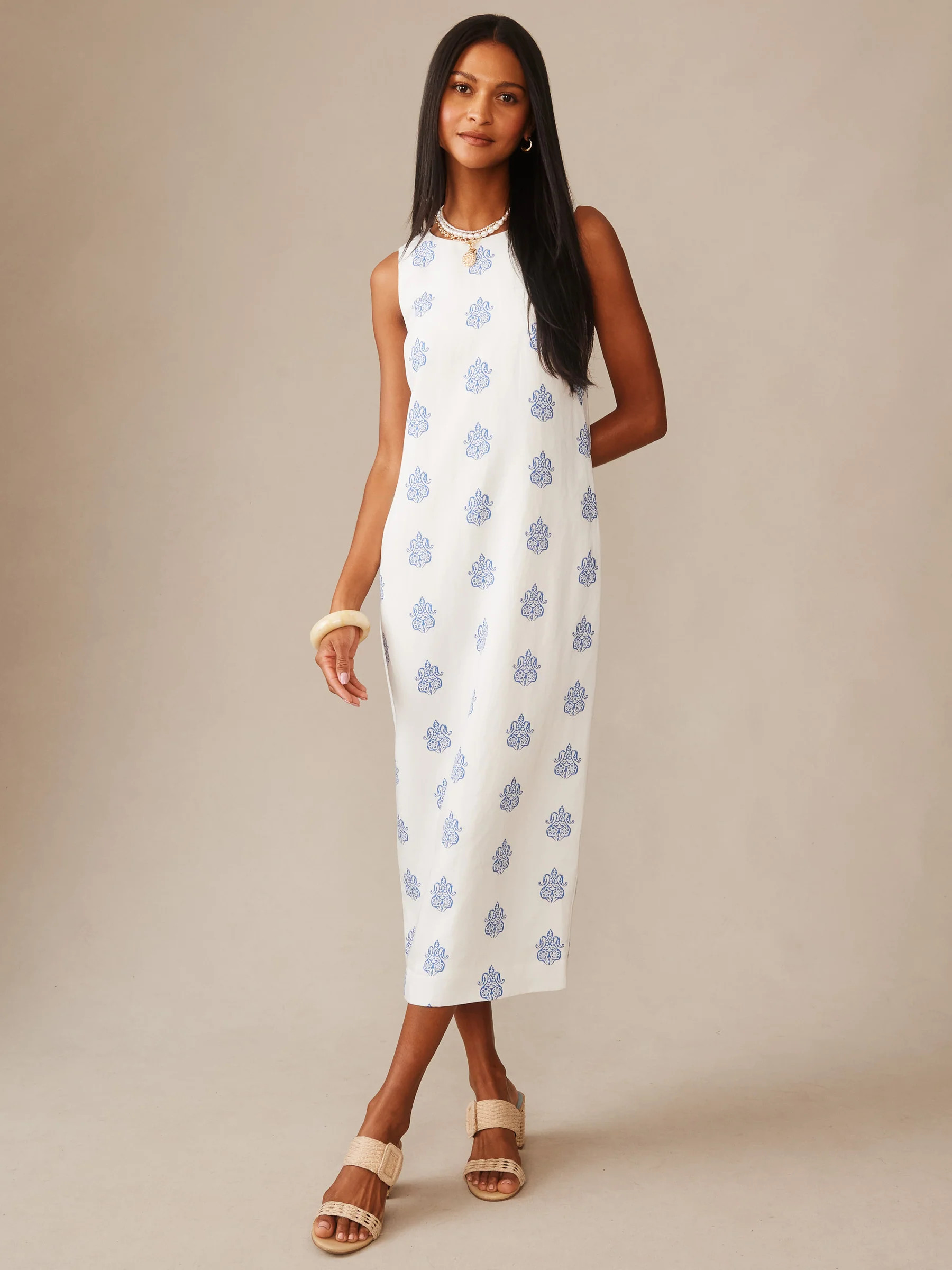 White/Blue Apertivo Ella Linen Blend Dress | Women's Dresses | J.McLaughlin | J.McLaughlin