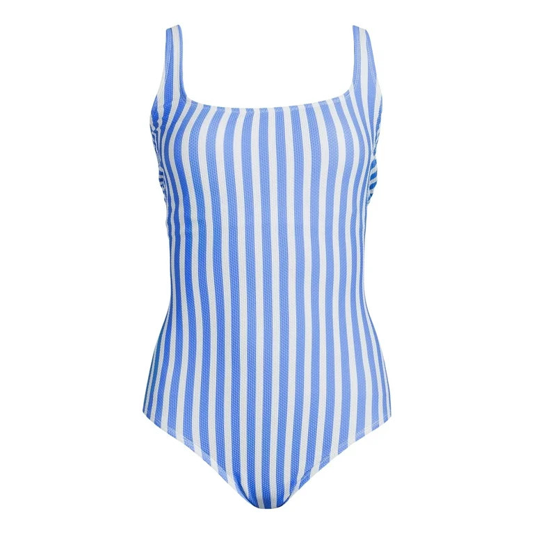 Time and Tru Women's and Women's Plus Pique Striped Square Neck One Piece Swimsuit, Sizes XS-3X | Walmart (US)