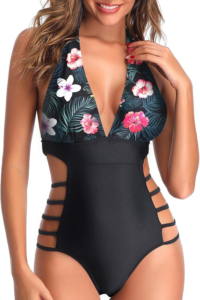 Tempt Me Women Sexy One Piece Swimsuits Plunge V Neck Halter Bathing Suits Cutout Monokini | Amazon (US)