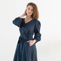 Blue Button Down Dress With Belt For Women, Linen V-Neck Midi Dress, Blue Bridesmaid Dress, Sustainable Clothing For | Etsy (US)
