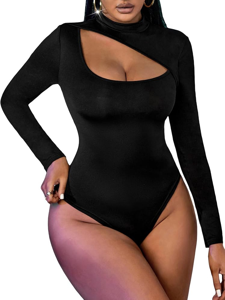 OYOANGLE Women's Cut Out Party Bodysuit Long Sleeve Mock Neck Slim T Shirt Top | Amazon (US)