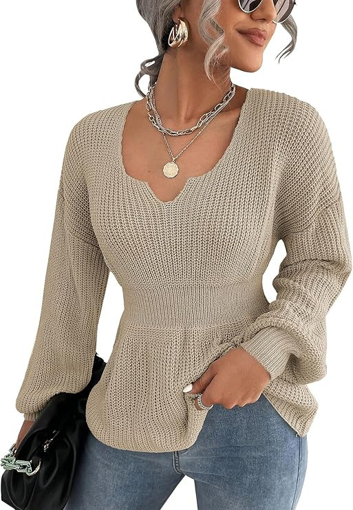 Veatzaer Womens Long Sleeve Knit Sweater V Neck Drop Shoulder Babydoll Sweater Solid Sweater Pull... | Amazon (US)
