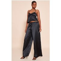 Black Satin Mid Rise Drawstring Wide Leg Pants | PrettyLittleThing US