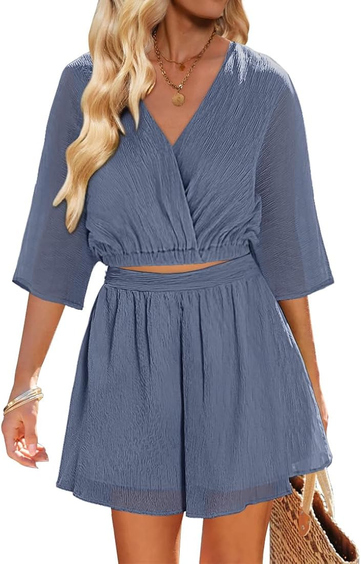 2 Piece Outfits for Women Summer Textured Crop Tops and Elastic Wasit Flowy Shorts Skort Set Two ... | Amazon (US)