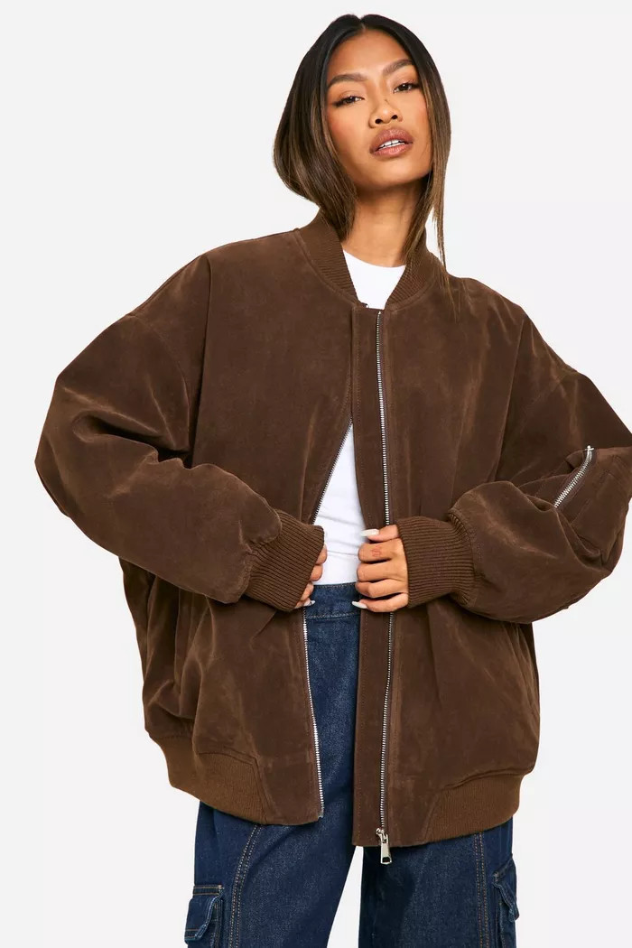 Vintage Suede Look Oversized Bomber Jacket | Boohoo.com (UK & IE)