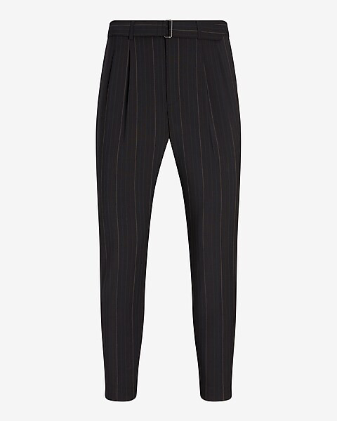 Slim Black Striped Belted Wool-Blend Modern Tech Dress Pant | Express