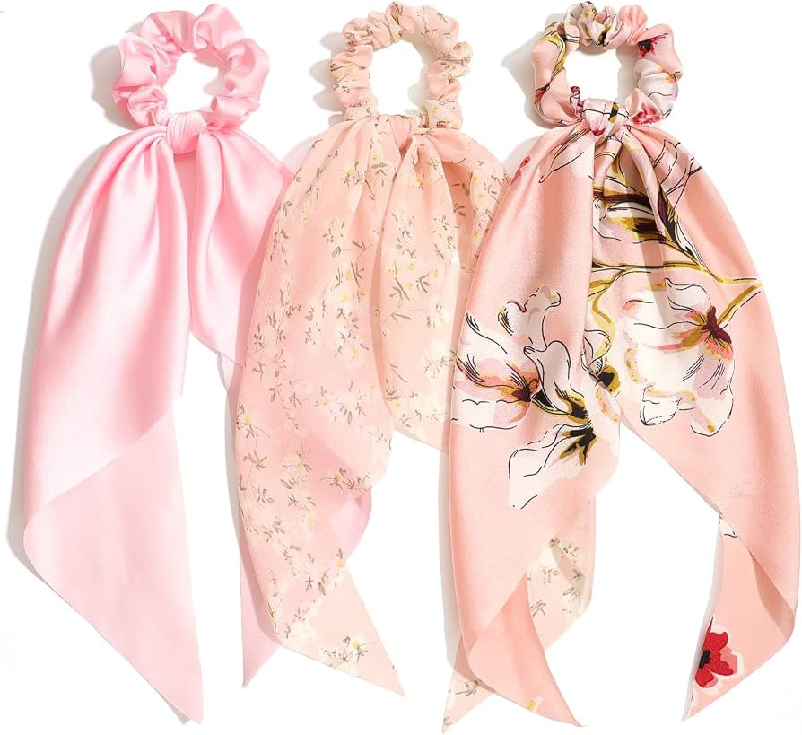 3PCS Pink Hair Scarf Scrunchies for Women Hair Ties with Bow Elastic Hair Bands Satin Scrunchies ... | Amazon (US)