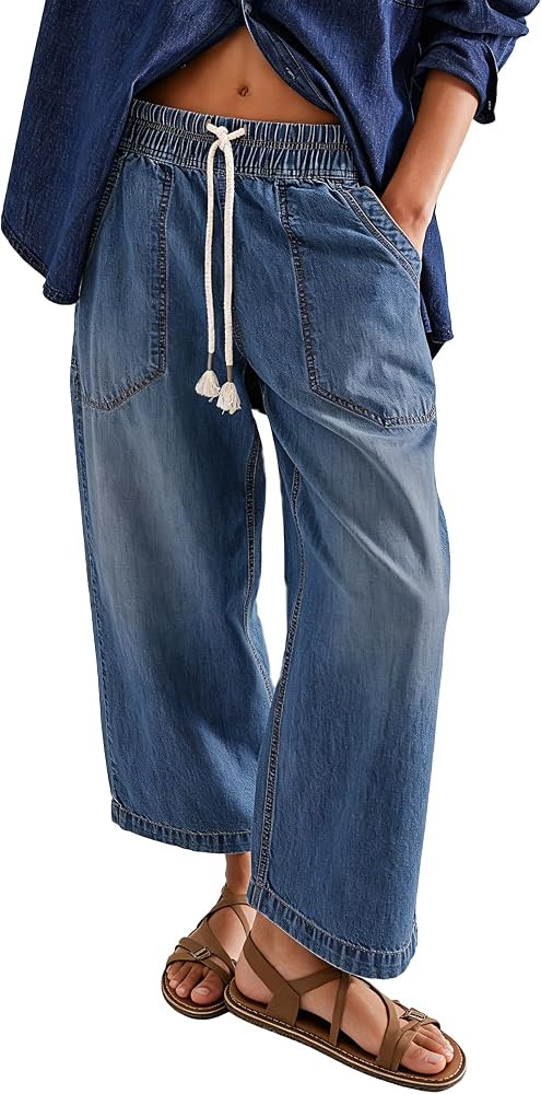 Wide Leg Jeans for Women Trendy Elastic High Waist Boyfriend Denim Pants Baggy Jeans with Pockets | Amazon (US)