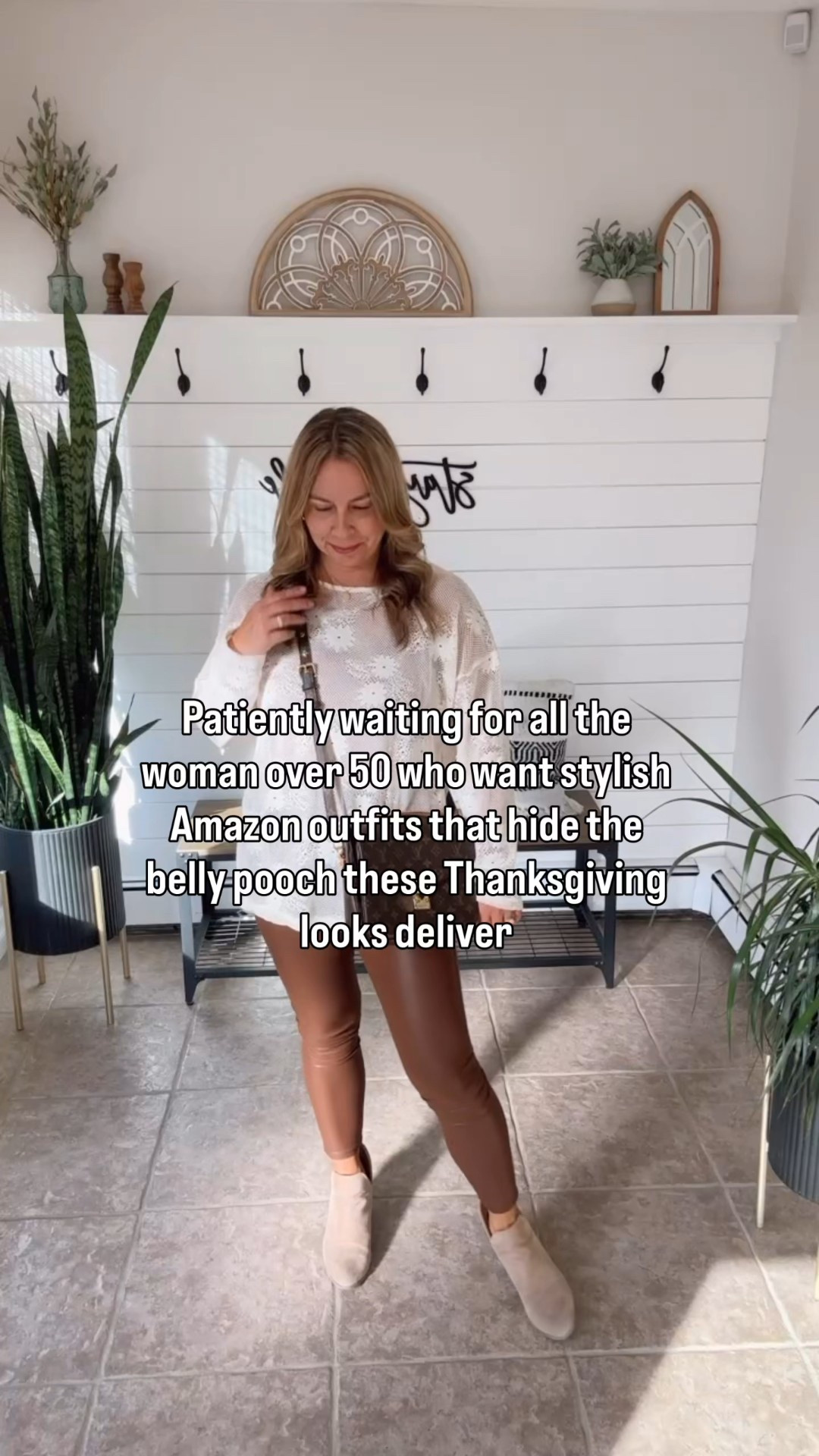 Thanksgiving outfit ideas that hide the belly pooch, faux leather leggings I’m wearing a medium in both and large in the mesh top, medium in the sweater but I’d size up for an oversized fit

#LTKHoliday #LTKOver40 #LTKFindsUnder50