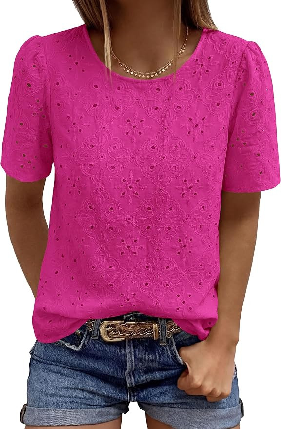 PRETTYGARDEN Women's Embroidered Eyelet Short Sleeve Blouse | Modest Trendy Summer Shirts, Dressy... | Amazon (US)