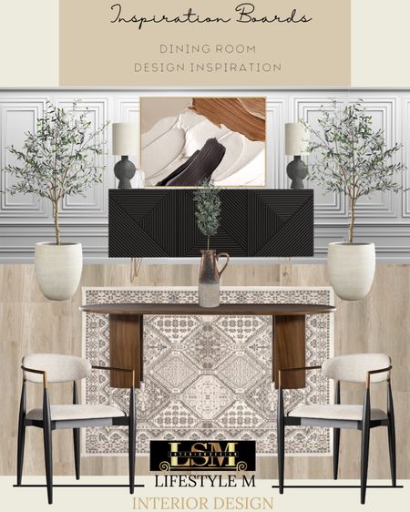 Get this dining room look. Shop below. Black upholstered dining room chair, wood dining table, dining room rug, white tree planter pot, faux fake tree, wood floor tile, black buffet console table, table lamp, wall art, table jar vase, faux plant.

#LTKstyletip #LTKhome #LTKFind
