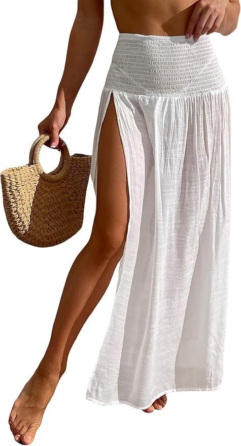 OYOANGLE Women's Shirred Waist Split Thigh Swimsuit Cover Up Beach Skirt Swimwear | Amazon (US)