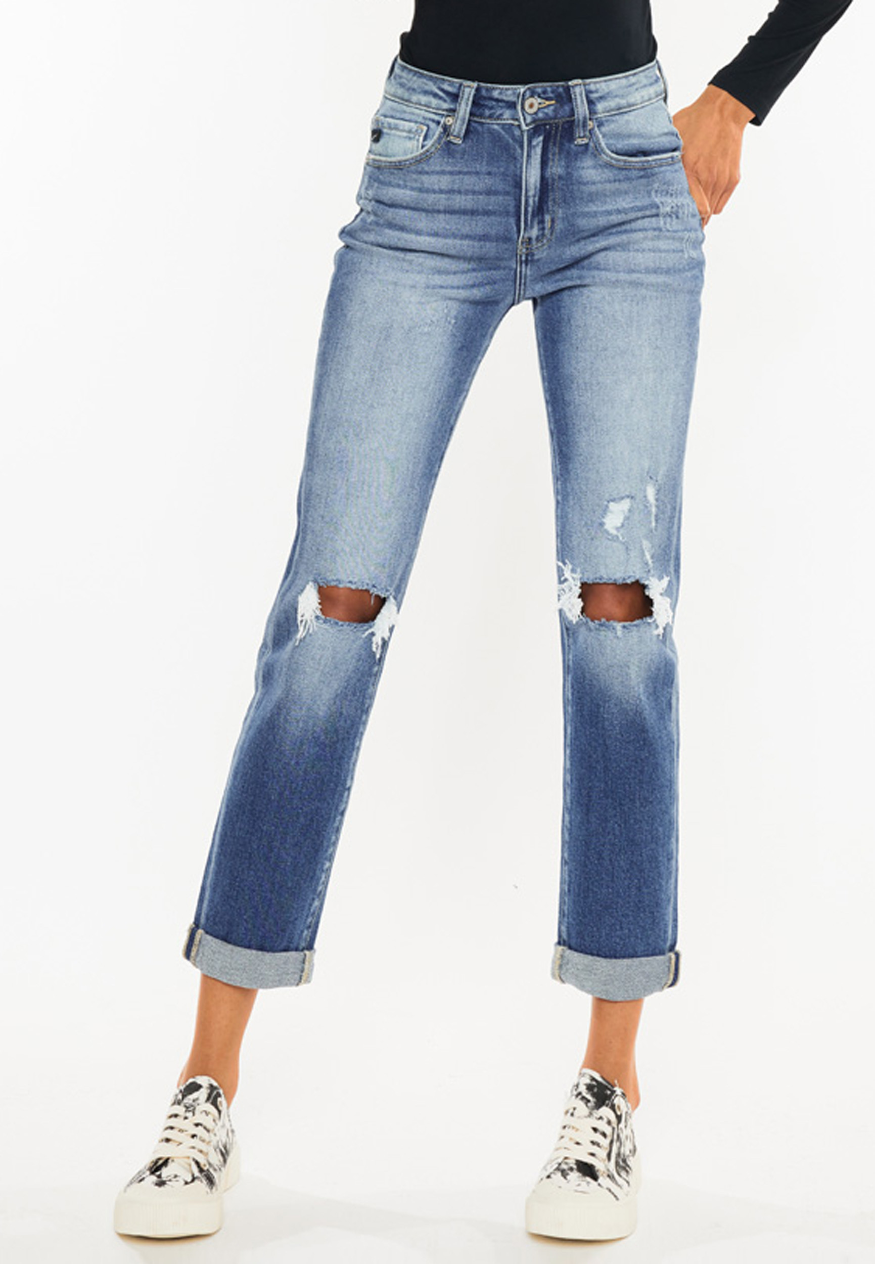 Kancan Kancan™ Women's High Rise Open Ripped Slim Straight Jeans Blue Size 28 - Maurices | Maurices