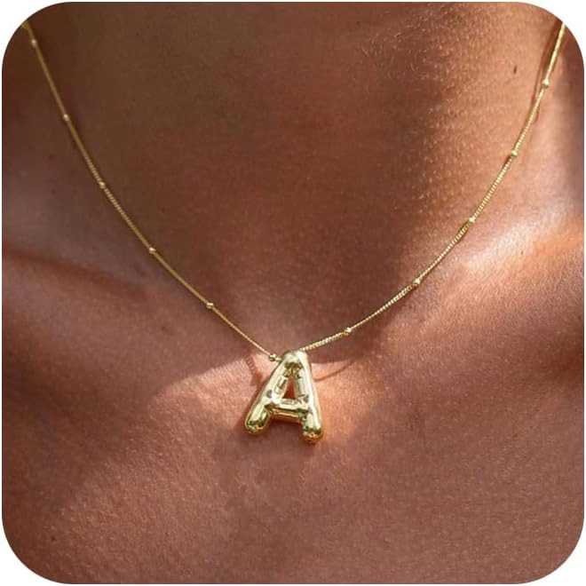 Gold Bubble Letter Necklace for Women, 14k Gold Plated Balloon Initial Letter Pendant Necklace Da... | Amazon (US)