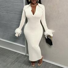 Fuzzy Cuff Ribbed Knit Bodycon Sweater Dress | SHEIN