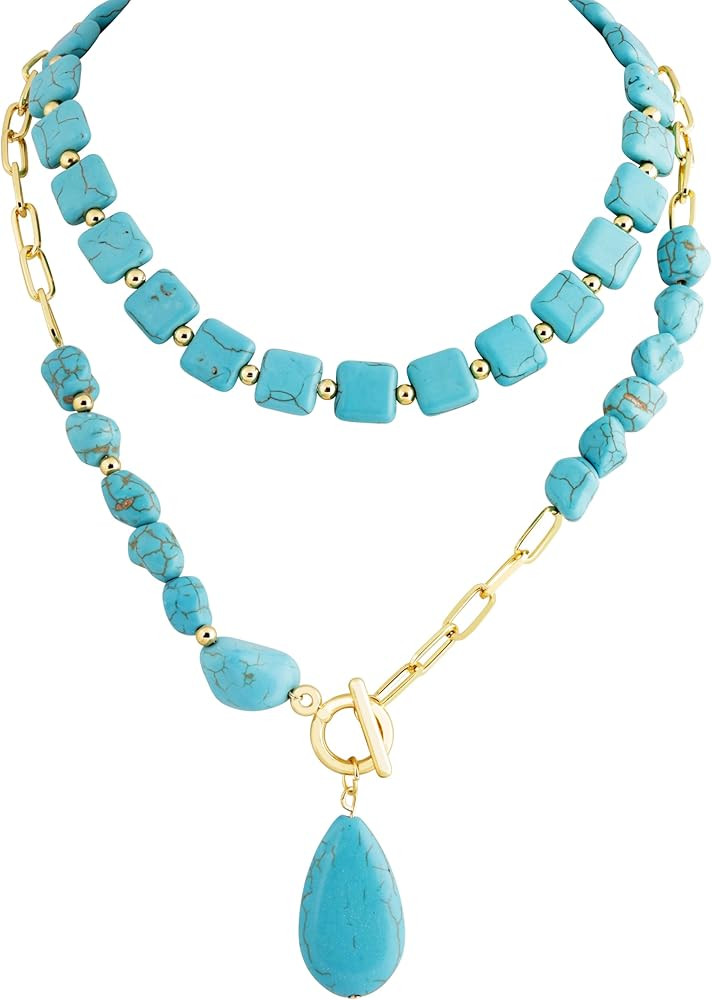 MINACHI Created Turquoise Long Necklace, Irregular Shape Beads, Bohemian Vintage Ethnic Style Jew... | Amazon (US)