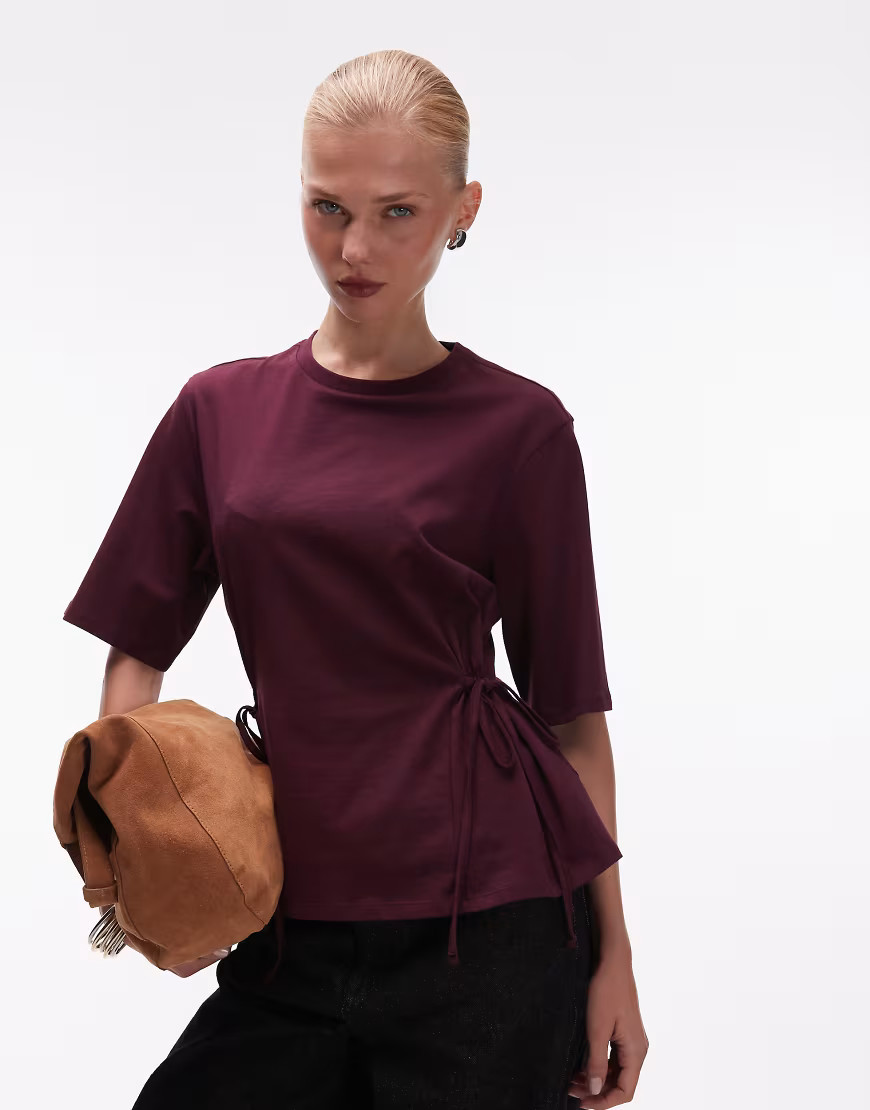 ASOS DESIGN tie waisted detail short sleeve top in plum-Purple | ASOS (Global)