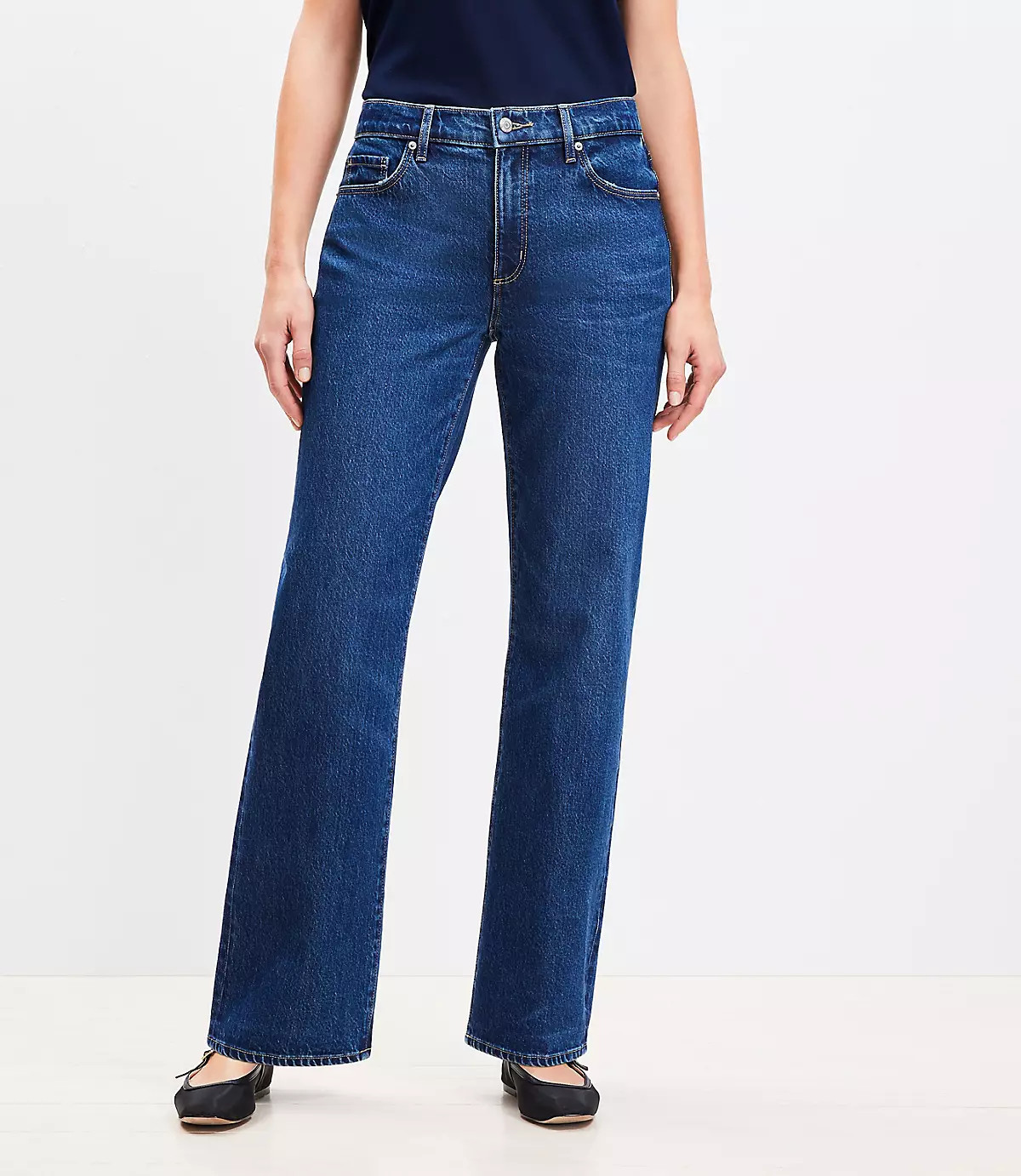 Mid Rise Relaxed Straight Jeans in Dark Wash | LOFT