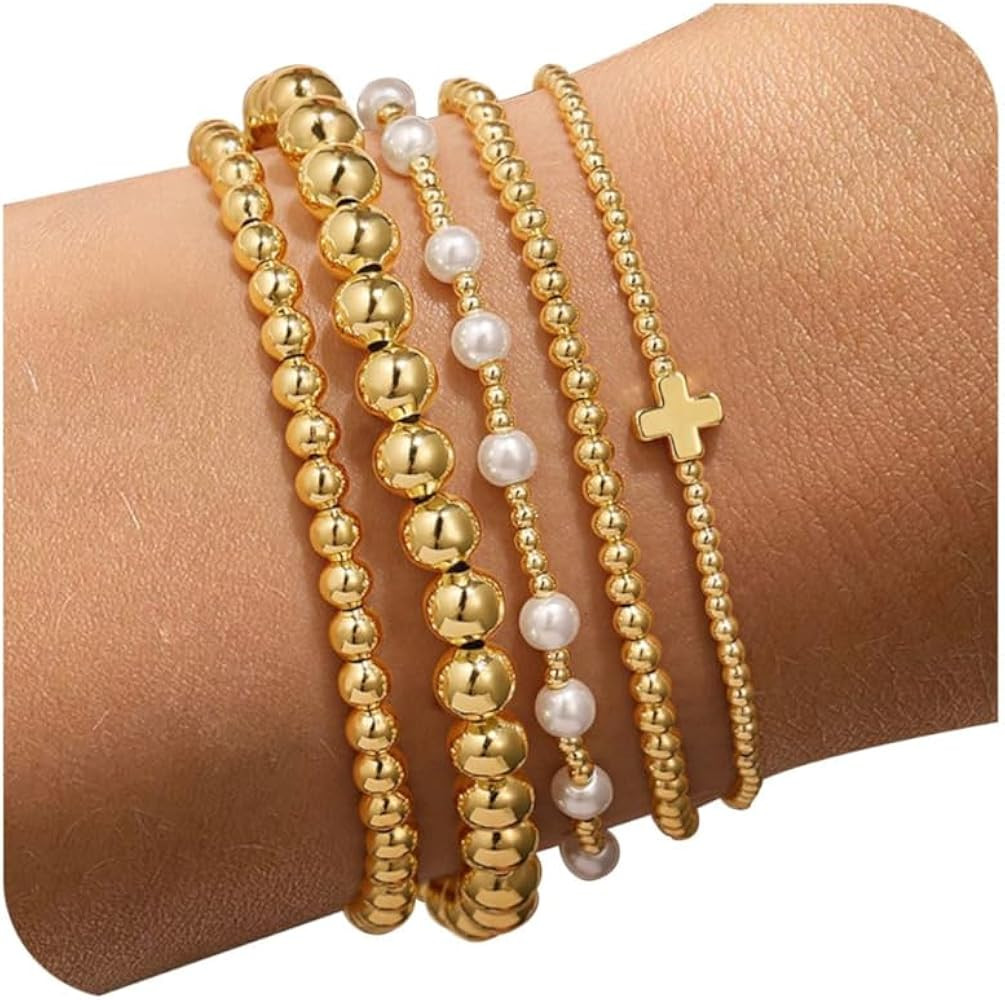 Yoosteel Easter Gifts Basket Stuffers Easter Gold Bracelet - 14k Gold Plated Beaded Bracelets Set... | Amazon (US)