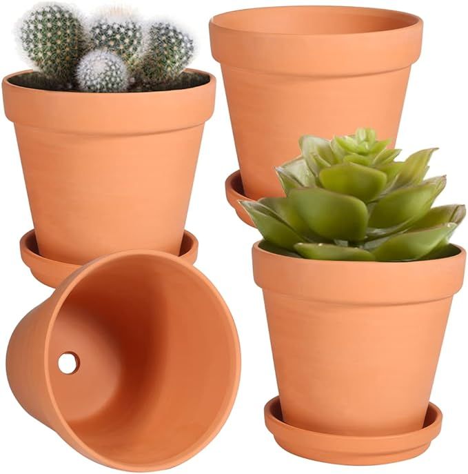 6 Inch Clay Pot for Plant with Saucer, Flower Pot with Tray, 4 Pack Small Terra Cotta Plant Pot w... | Amazon (US)