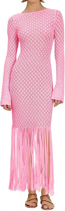 Fisoew Women's Swimsuit Crochet Cover Ups Summer Long Sleeve Tie Back Fringe Hem Beach Vacation C... | Amazon (US)