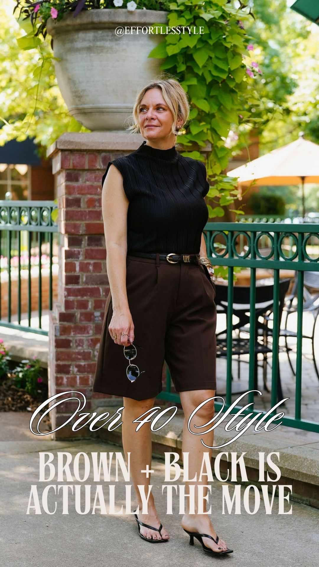 Everyone avoids brown and black together — here’s why stylists love it 👇

🤎 It creates depth that all black simply can’t. All black is safe and polished but it’s also flat. When you pair chocolate brown with black you get contrast, warmth, and dimension — the outfit has a richness to it that monochromatic dressing in a single color just doesn’t deliver.

🖤 It’s one of the most flattering color combinations for every skin tone. The warmth of brown against the crispness of black is universally flattering in a way that surprises most people. It warms up your complexion without overpowering it.

🤎 It signals that you know how to dress — not just how to play it safe. Anyone can wear all black. Knowing how to pair chocolate brown bermuda shorts with a black ribbed tank, a black belt, and black sandals in a way that looks completely intentional? That’s actual style confidence.

OOTD ✨ Black ribbed mock neck tank + chocolate brown bermuda shorts + black belt + black kitten heel thong sandals + gold bangles. All from my own closet — linked the closest versions I could find. Everything shoppable below! 👇

#LTKootd #LTKOver40 #LTKdayinmylife