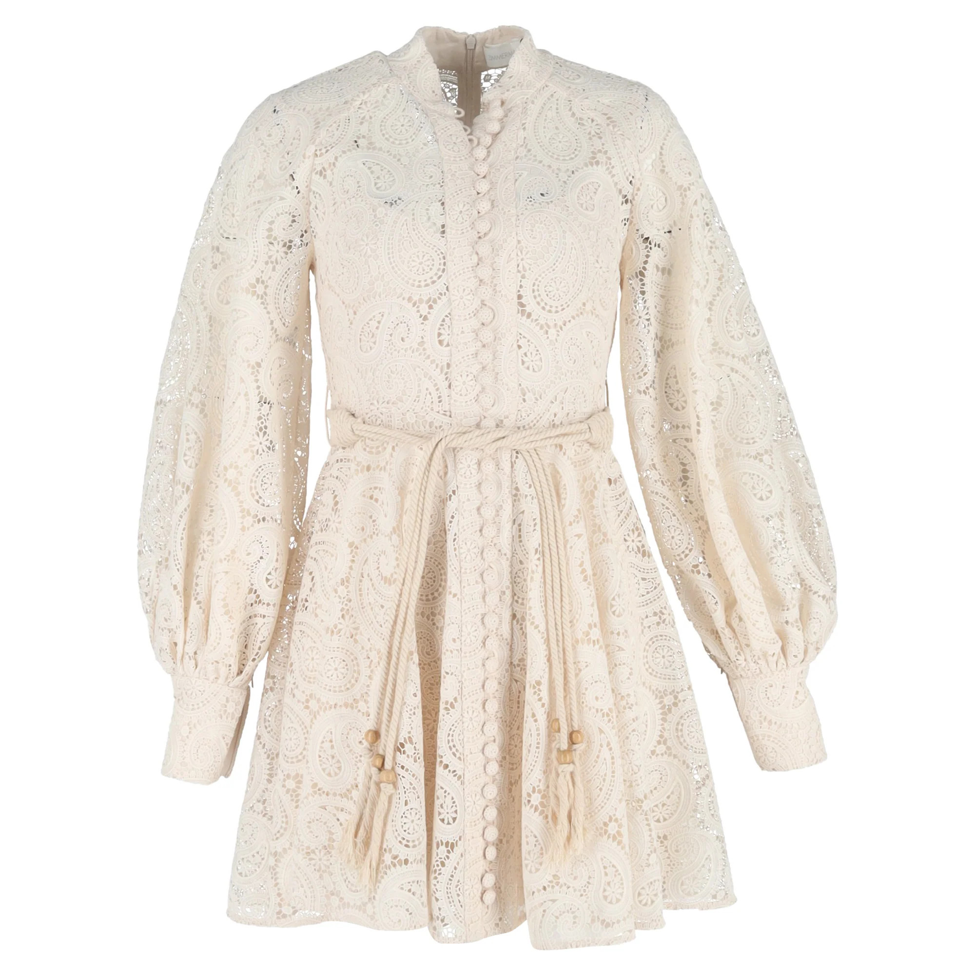 Zimmermann Lace-Patterned Long Sleeve Mini Dress in Cream Polyester | Shop Simon