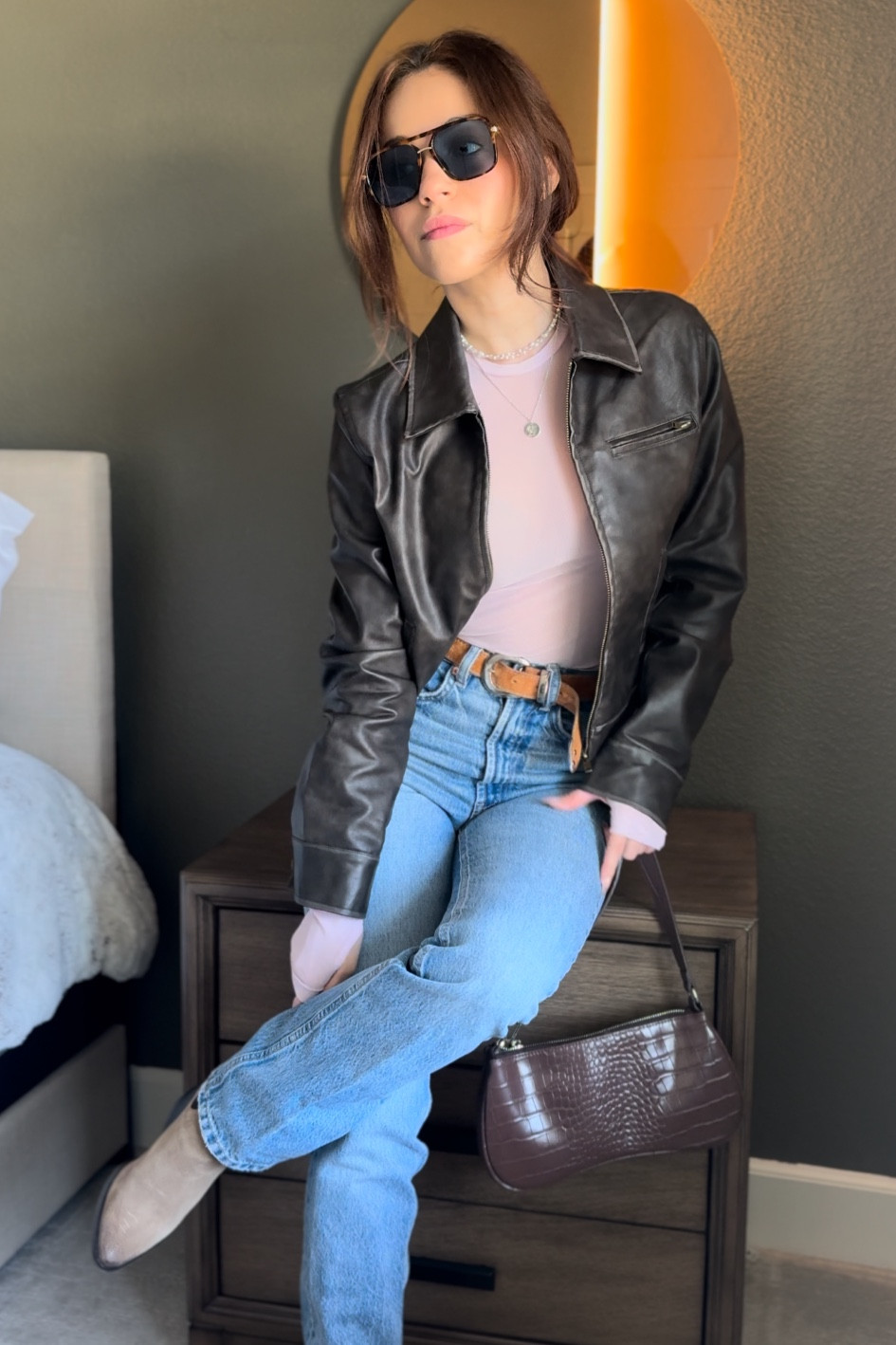 Fall outfit, cool tones. Leather jacket and mesh blush pink top.


#LTKSeasonal #LTKStyleTip #LTKParties