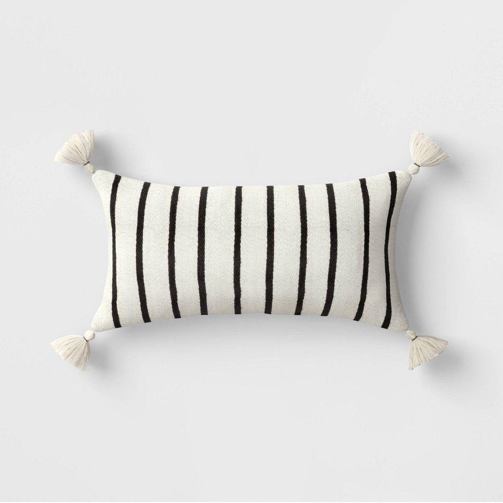Woven Stripes Lumbar Outdoor Throw Pillow Black/Cream - Threshold | Target