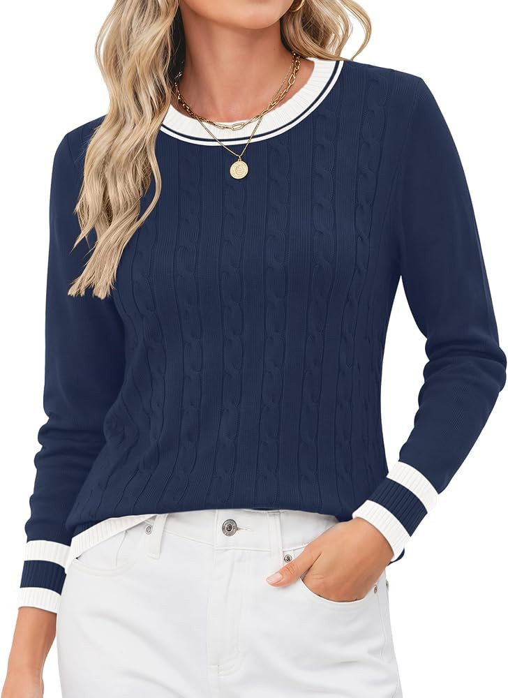 Rapbin Women's Contrast Trim Knit Sweater Long Sleeve Crew Neck Pullover | Amazon (US)