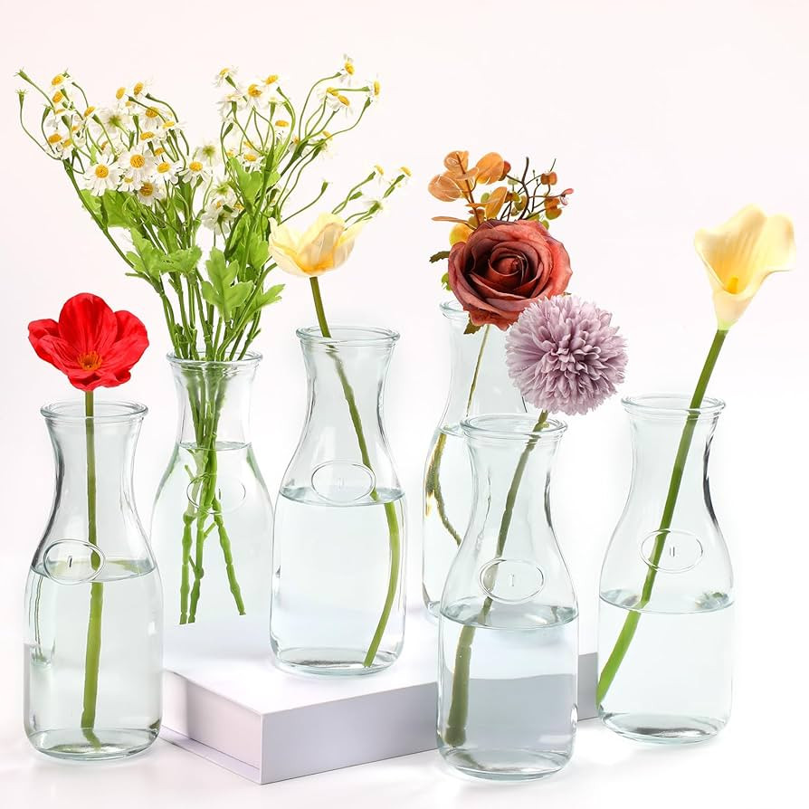 6 Pcs Milk Bottle Flower Vases 8" Milk Glass Vase Clear Vintage Bottles Small Bud Floral Vase Cen... | Amazon (US)