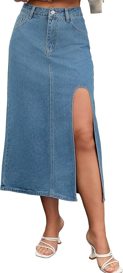 Womens Long Denim Skirt Casual Western A Line Midi High Slit Jean Skirts | Amazon (US)